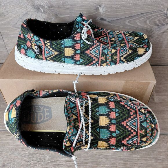 Hey Dude Shoes - Hey Dude Shoes Womens 9 Wendy Bayside Black Aztec Southwestern Slip On Loafers